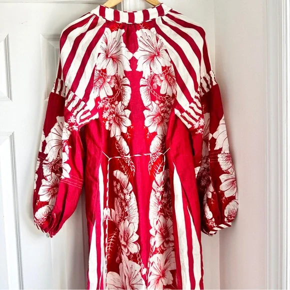 NWT Farm Rio Floral Chains Stripe Long Sleeve Linen Midi Dress